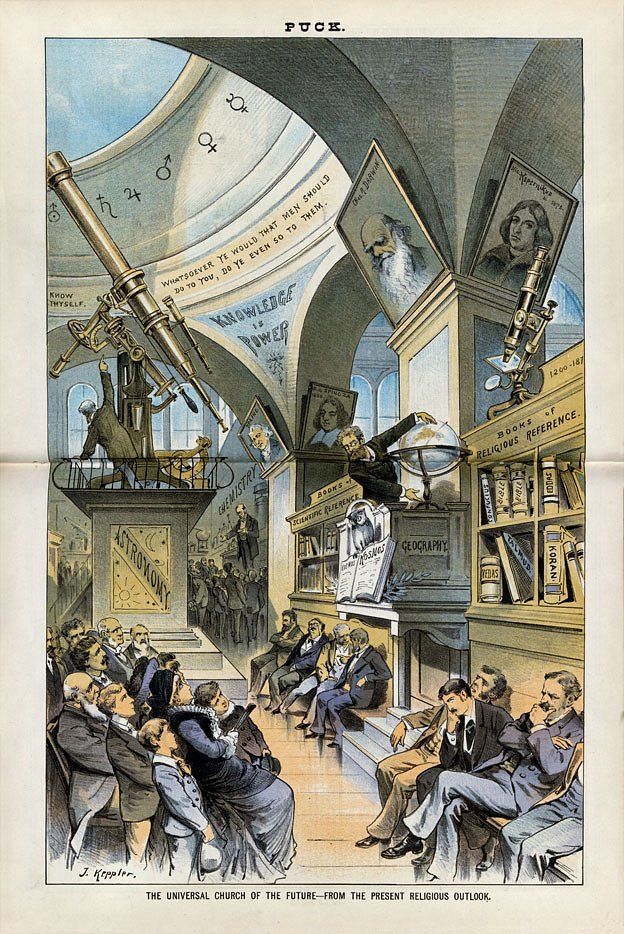 Ilustración satírica del siglo XIX titulada "La iglesia universal del futuro: desde la perspectiva religiosa actual".