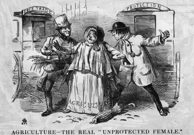 A cartoon showing a bucolic woman labelled 'Agriculture' being pestered by two man, 'Free Trade' and 'Protection'. Punch cartoon, 1846