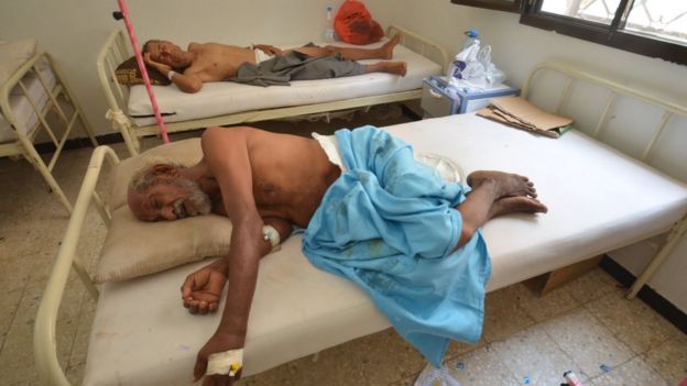 People infected with cholera lie on beds at a hospital in the Red Sea port city of Hodeidah, Yemen May 14, 2017