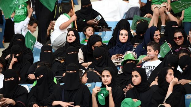 Saudi women sit in a stadium to attend an event in the capital Riyadh on 23 September 2017 commemorating the anniversary of the founding of the kingdom