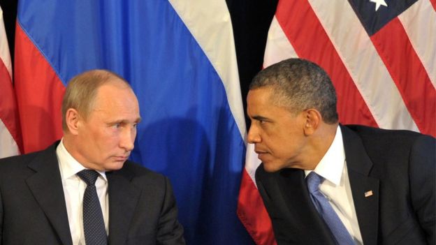 Putin y Obama juntos serios.