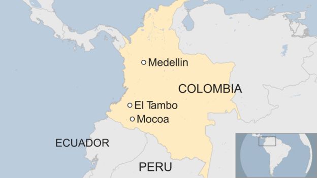 A map showing Colombia and the locations of Mocoa, El Tambo, and Medellin - with neighbouring Ecuador and Peru also marked