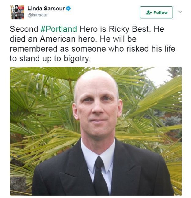 A tweet with a picture of Ricky Best, killed on a Portland train attack