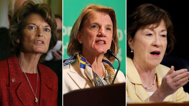 Republican Senators Lisa Murkowski of Alaska, Shelly Moore Capito of West Virginia and Susan Collins of Maine are seen in this composite photo.