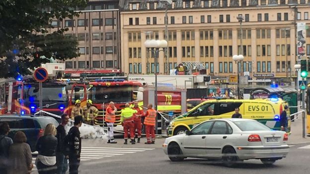 Eyewitness photograph shows fire and emergency crews at a cordoned-off junction in Turku