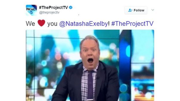 A tweet by The Project shows comedian Peter Helliar imitating Exelby's gaffe and is captioned: 