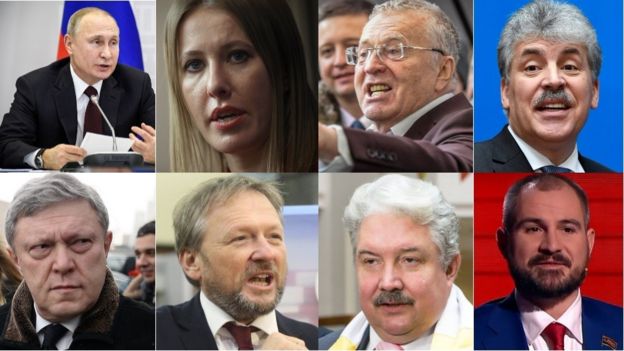 Collage de los 8 candidatos a la presidencia de Rusia.