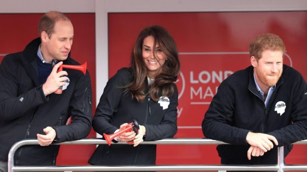 The Duke of Cambridge (left), Prince Harry (right) and the Duchess of Cambridge at the start line of the Virgin Money London Marathon
