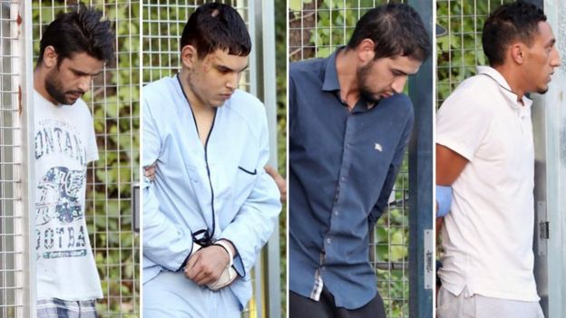 Barcelona attack suspects (left to right) Mohammed Aalla, Mohamed Houli Chemlal, Sahal al-Karib and Driss Oukabir arrive in court in Madrid on Tuesday 22 August 2017