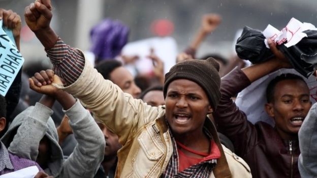 Protesters chant slogans during a demonstration over what they say is unfair distribution of wealth in the country at Meskel Square in Ethiopia