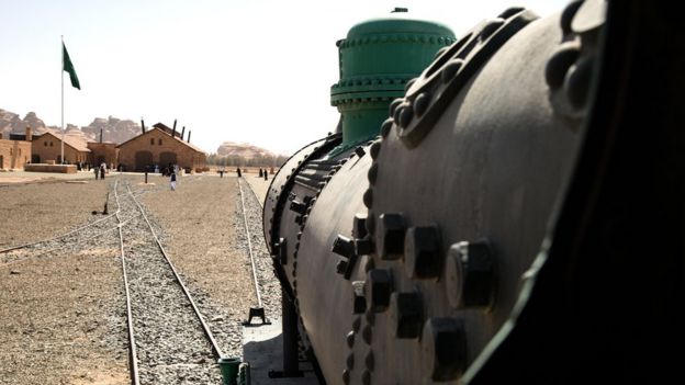 Restored locomotive and station at Madain Saleh