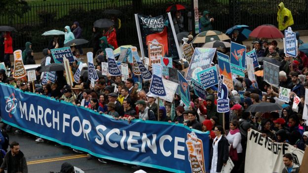 March for Science demonstrators rally in Washington DC, 22 April 2017