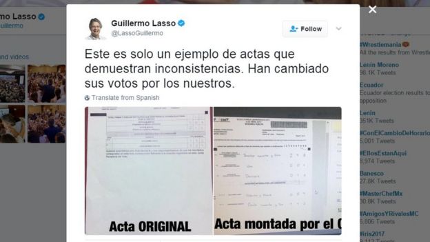 Tuit de Guillermo Lasso en el que compara un acta de votación original con una supuestamente adulterada.