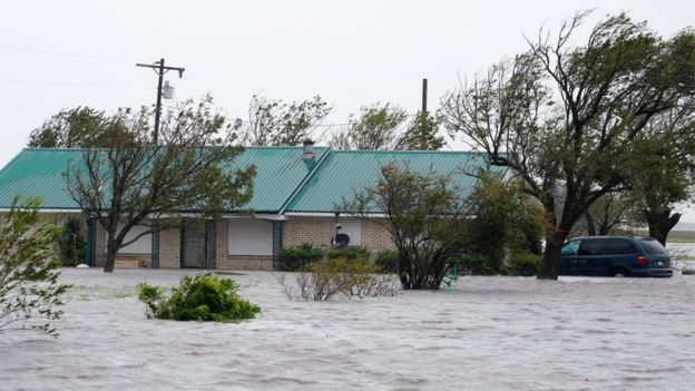 Floodwaters outside a house in Port Lavaca