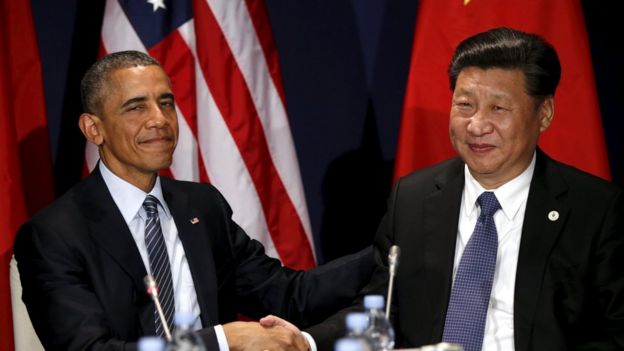 U.S. President Barack Obama shakes hands with Chinese President Xi Jinping during their meeting at the start of the climate summit in Paris November 30, 2015.
