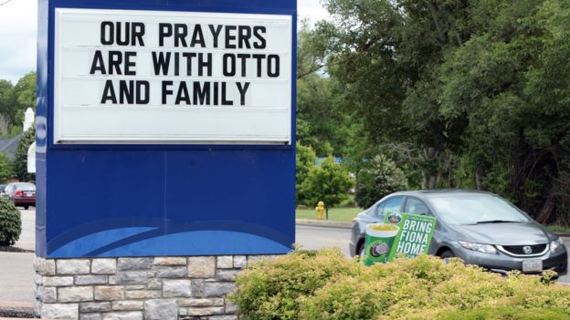 A restaurant shows its support for Otto Warmbier in Wyoming, Ohio near Cincinnati, USA, with a sign saying its prayers are with 