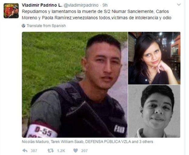 A tweet by Venezuelan Defence Minister Vladimir Padrino shows photos of the three victims. He says he laments and condemns their deaths