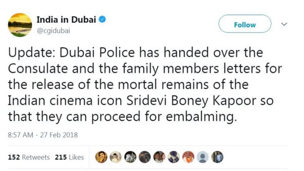 ஸ்ரீதேவி உடலை எம்பாமிங் செய்ய துபாய் போலீஸ் அனுமதி