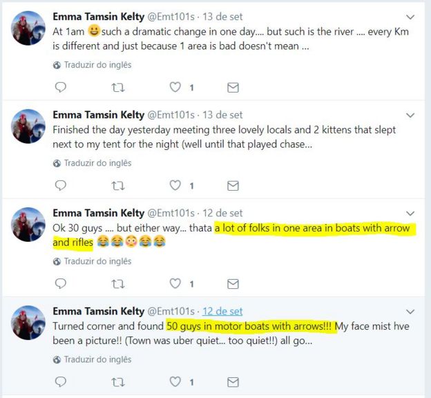 Reprodução de tuites de Emma em que ela descreve ter visto homens armados