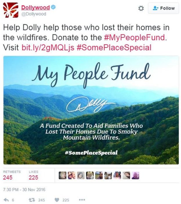 A tweet from the Dollywood company urging people to help victims of the fires