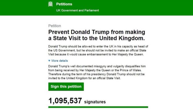 Petition to prevent Donald Trump from making a state visit to the United Kingdom reaches 1,095,537 signatures