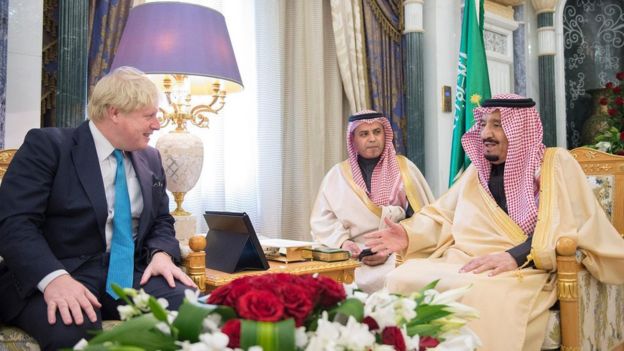 Saudi King Salman Bin Abdulaziz Al-Saud with British Foreign Secretary Boris Johnson