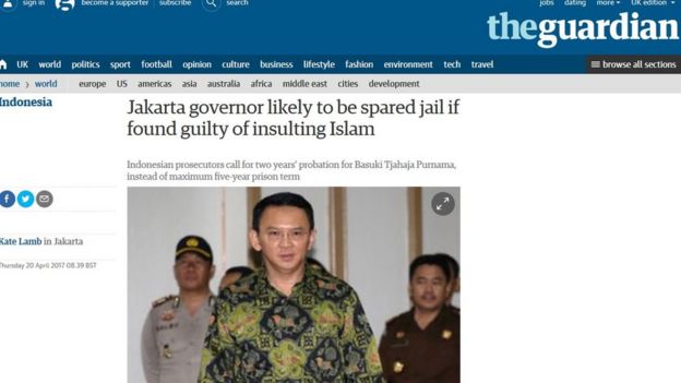 Gubernur Jakarta kemungkinan terhindar dari penjara jika dinyatakan bersalah menghina Islam, tulis The Guardian. 