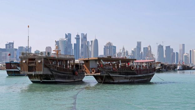 Boats sitting in the port along the corniche in Doha, Qatar (5 June 2017)