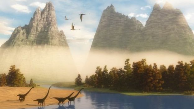 Una ilustración de dinosaurios en tierra