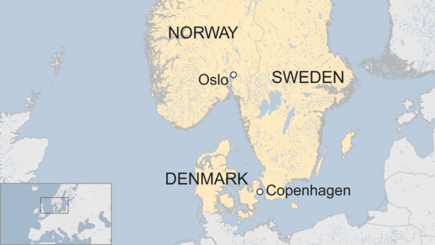 A BBC map showing the relative locations of Copenhagen and Oslo