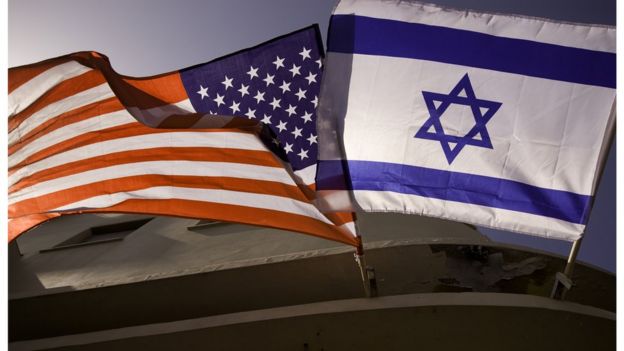 Bandeiras dos EUA e de Israel, juntas