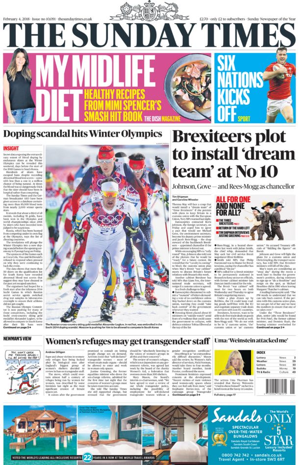 The Sunday Times front page 04/02/2018