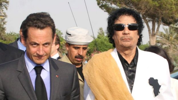 Ex-French President Nicolas Sarkozy (L) with Gaddafi in Libya in Tripoli, 25 Jul 2007