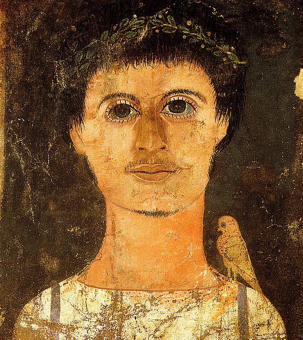Retrato de Fayum de un joven con un pájaro en el hombro.