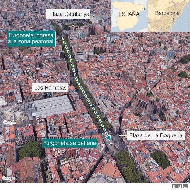 Al menos 13 muertos y 100 heridos en un "ataque terrorista" con una furgoneta en Las Ramblas de Barcelona _97427156_barcelona_van_crash_map624_ws_spanish