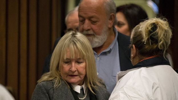 Parents of the late Reeva Steenkamp, June and Barry, arrive inside the High Court in Pretoria, South Africa, on 6 July