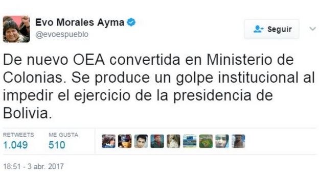 Tuit de Evo Morales que dice: