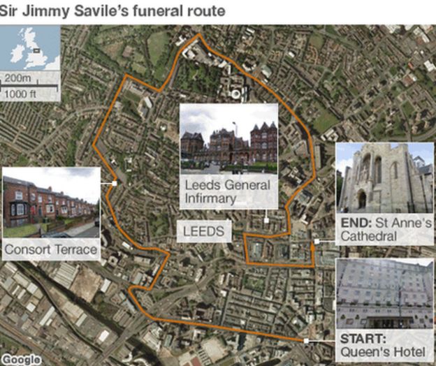 Map showing the route of the funeral cortege for jimmy savile