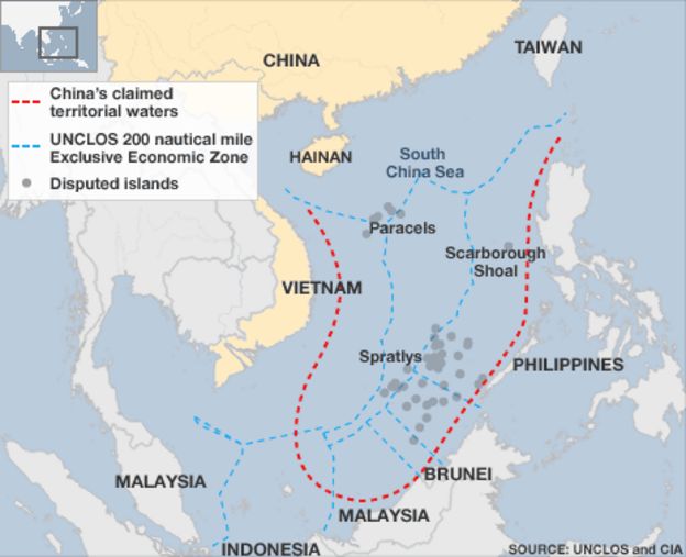 Map of South China Sea, showing competing claims, including China's 