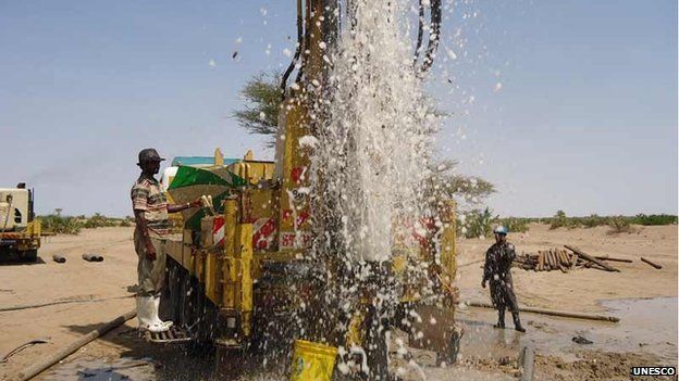 Water gushing out of a borehole at Napuu area during the flushing process, Kenya