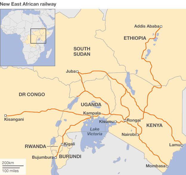Карта, показывающая маршрут новой Восточно-Африканской железная дорога