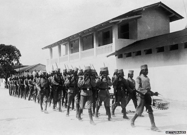 Locally recruited troops under German command in Dar Es Salaam, Tanzania (then part of German East Africa), circa 1914