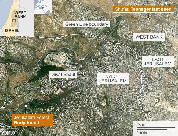 Jerusalem map showing locations of kidnapping and where body found