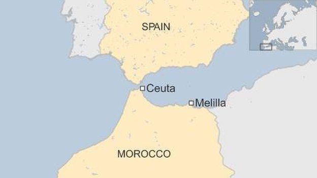 Map of Spain and Morocco, showing enclaves of Ceuta and Melilla