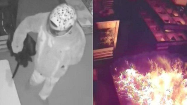 Suspect dousing bakery with flammable liquid and fire