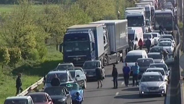 Traffic jam on the A16 near Dunkerque, France.