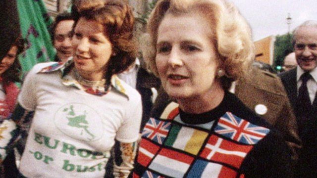 Margaret Thatcher in 1975 wearing a Europe jumper