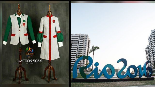 A split photo of the last designs for Iran's Olympics uniforms next to a Rio 2016 logo sculpture