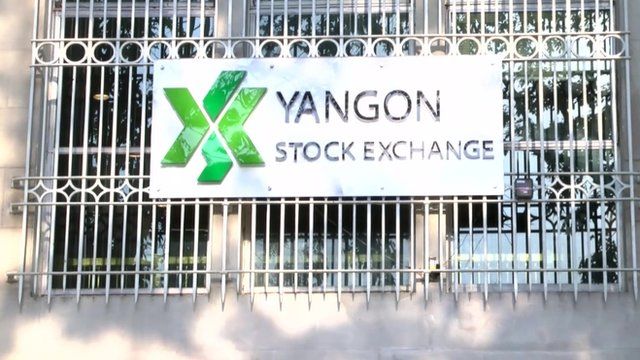 Exterior of Yangon Stock Exchange showing sign