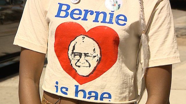 A young woman in New York showing her support for Bernie Sanders
